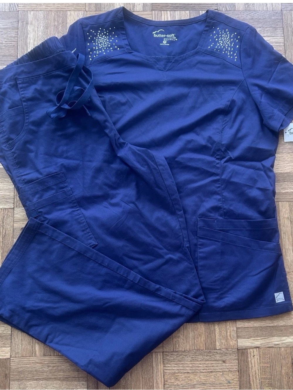 Butter-Soft Stretch Navy Blue Silver Rhinestone Shirt Pants Scrub Set M Medium